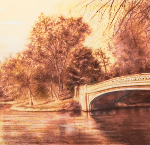 Drawing of Central Park. Central Park picture signed by the artist. Hand-drawn sepia drawing of Central Park. New.