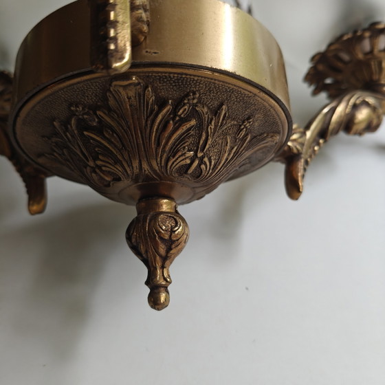 Image 1 of Vintage 3-Light Neo-Classical / Empire Style Chandelier – Ornate Brass Tone & Frosted Glass