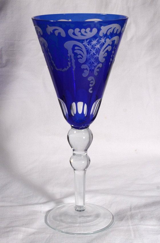 Set aus 4 großen Stielgläsern mit kobaltblauem Muster und mattiertem Glas, 10 x 24 cm – Gläser & Karaffe (photo 7 of 10)