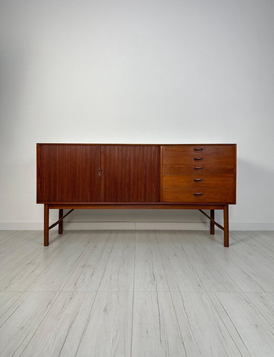 Image 1 of 1958 Danish Teak Sideboard Model 309 by Peter Hvidt & Orla Mølgaard-Nielsen for Søborg Møbelfabrik – Mid-Century Tambour Credenz