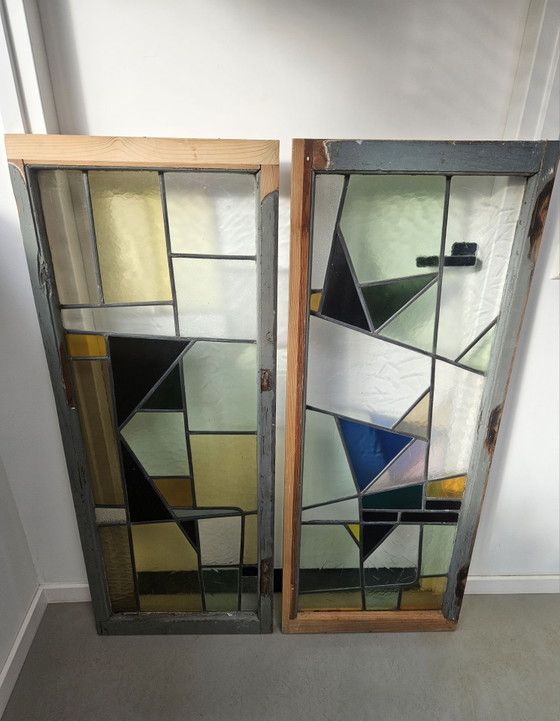 Set of antique Art Deco stained glass windows 50x130 cm., Decorative Objects, Metal, Wood, Multi Color (photo 4 of 14)