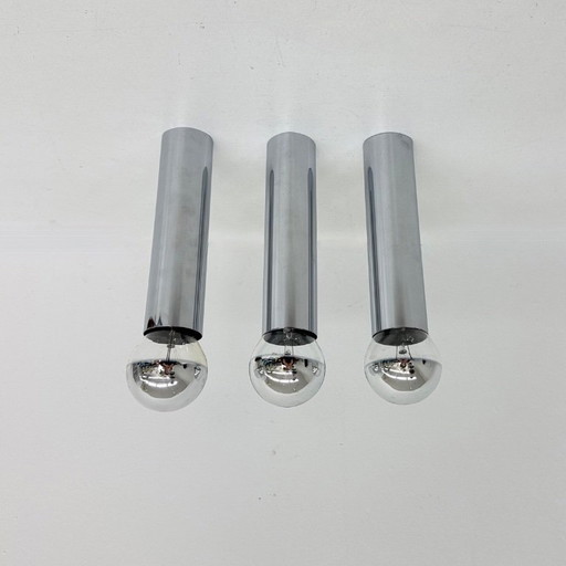 Set di 3 lampade da soffitto/parete minimaliste con tubo cromato, anni '70