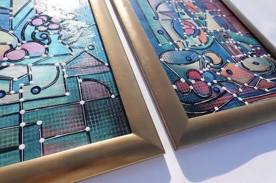 Image 1 of Kubisme A1438 - abstracte schilderijen - tweeluik