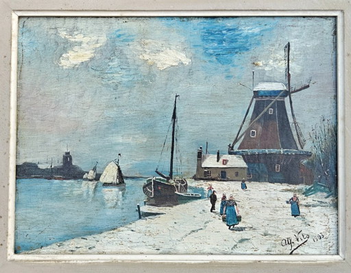 Dutch winter landscape, 32cm x 24cm. – schilderijen tekeningen, Wood, Canvas (photo 2 of 12)
