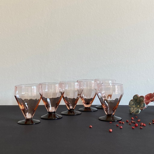 6 bicchieri da vino o da acqua rosa in stile art déco con stelo nero
