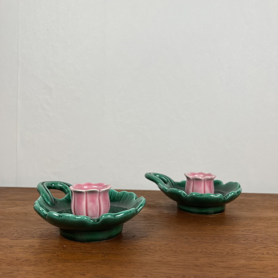 Image 1 of Duo portacandele vintage a forma di fiore Barbotine