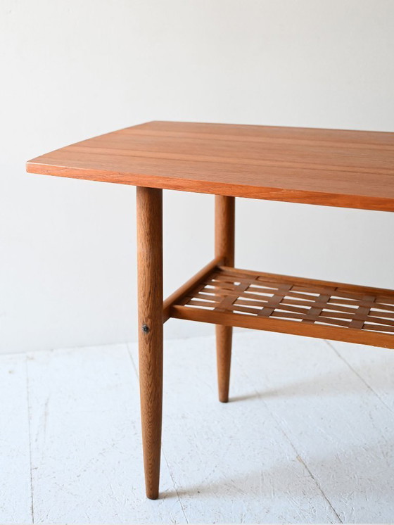 Image 1 of 1950s/60s Scandinavian Teak Coffee Table with Woven Shelf