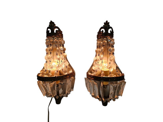 Image 1 of Hollywood Regency Style - 2 Wall Lights - Gold plated - Crystal - 60's