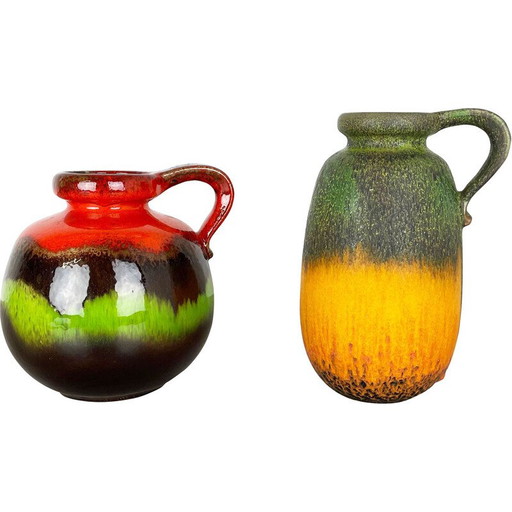 Pair of vintage pottery fat lava vases "Multi-Color" by Scheurich, Germany 1970s