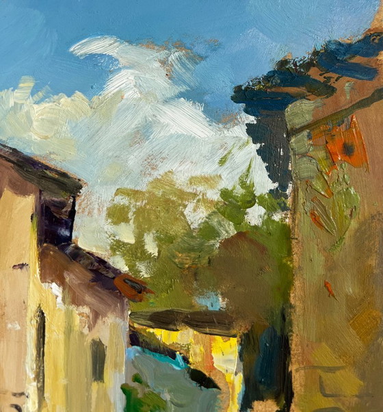 Image 1 of Origineel olieverfschilderij: Zomers straatlandschap, stadstuin in de zomer
