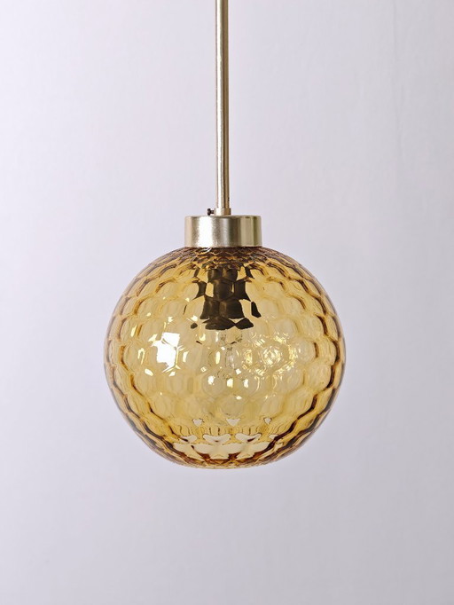 Vintage Amber Glass Globe Pendant Light / Mid Century Modern Brass Ceiling Lamp / Textured Honeycomb Glass / Retro 1960s Europea