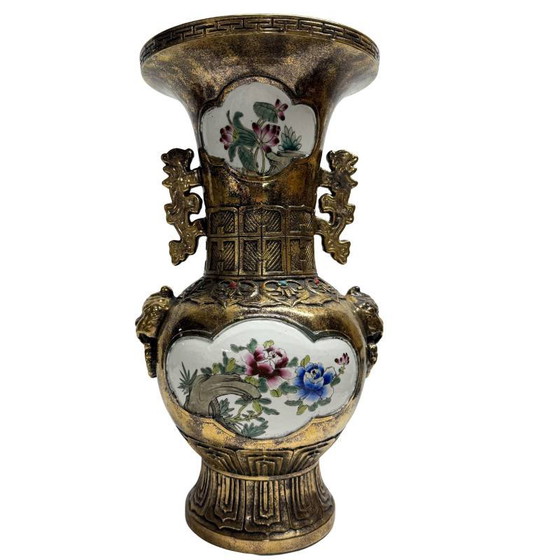 Ensemble de Vases Chinois – Métal avec Panneaux de Porcelaine – Lot 469 – Metal (photo 6 of 10)