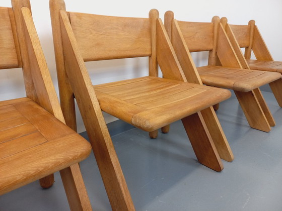 Image 1 of Exceptional suite of a large rectangular table and 4 vintage Brutalist chairs in solid oak from the 60s
