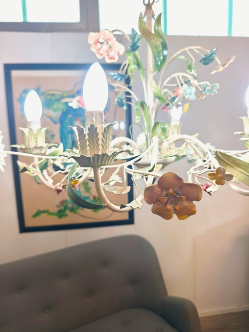 Toleware Italy, 6-arm floral chandelier, ceiling light, 1960s