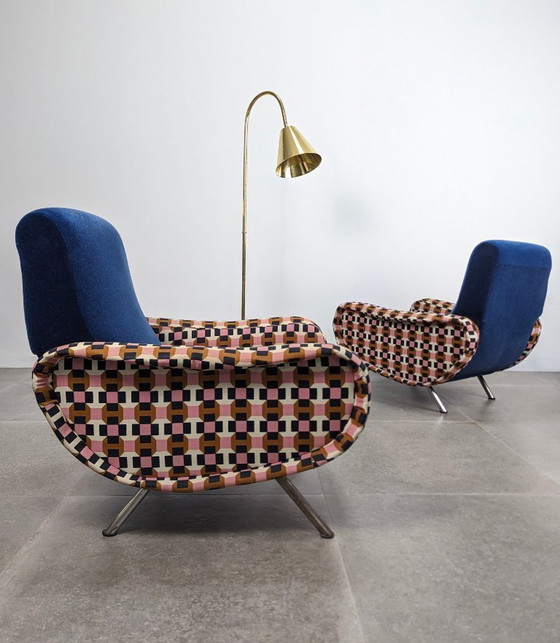 Image 1 of Paire de fauteuils Lady en velours bleu Hermès, Marco Zanuso, Italie, années 1950