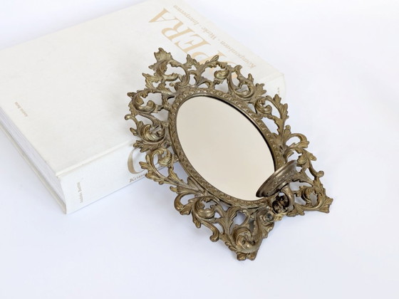 Image 1 of Vintage Brass Mirror Wall Sconce Candle Holder Rococo Scrollwork Hollywood Regency 1960s
