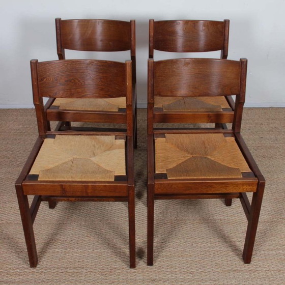 Image 1 of Set of 4 vintage solid wood and straw chairs, 1980