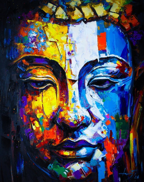 Image 1 of Uniek handgeschilderd Boeddha schilderij “Golden Balance” – Seksak Jaichumchen – 80×100 cm