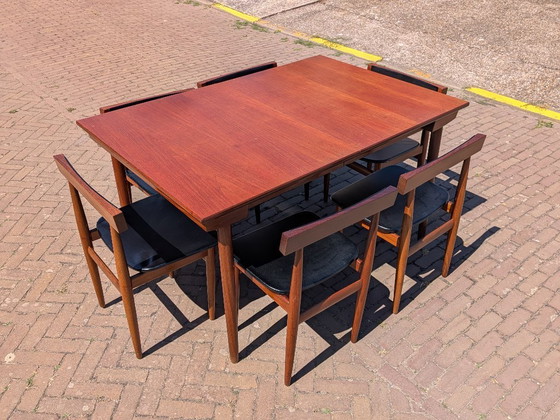 Image 1 of Zeldzame Deens Design 'Longette' Eetkamersuite van Hans Olsen voor Frem Røjle – 6 Nestbare Stoelen