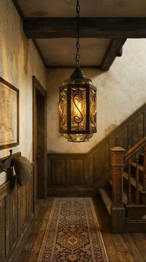 Brutalist Hexagonal Hanging Lantern of Forged Iron and Mouth-Blown Cage Glass – 60s/70s – hanglampen