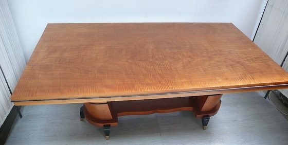 Image 1 of Grande table de salle à manger table de conférence Art Déco en placage de noyer + merisier, demi-colonnes inclinées, France vers
