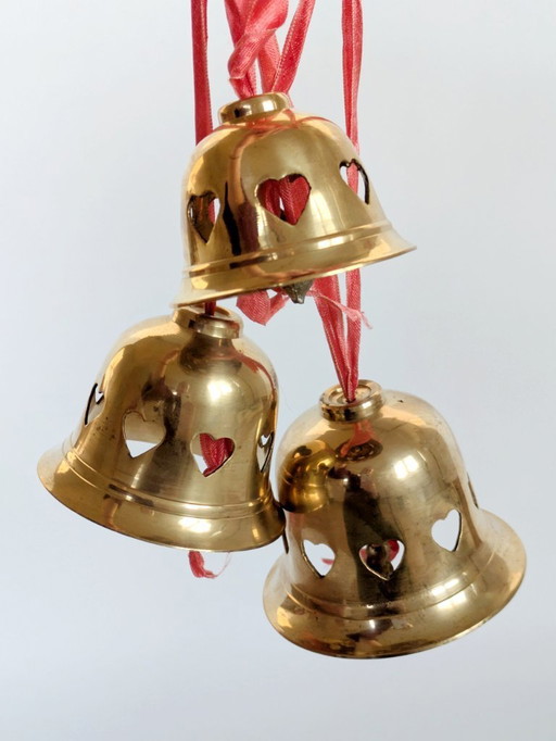 Set of 3 Vintage Scandinavian Brass Bells | Heart Cut-Out Design, 1980s Holiday Decor
