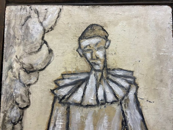 Image 1 of Antique Painting on Wooden Panel, Clown in the Style of Bernard Buffet, Double-Sided