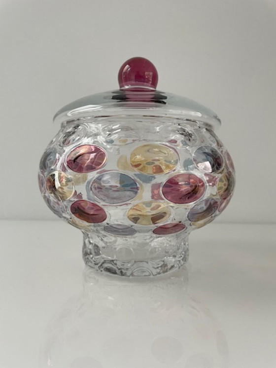 Image 1 of Decorative glass jar with colorful polka dots design