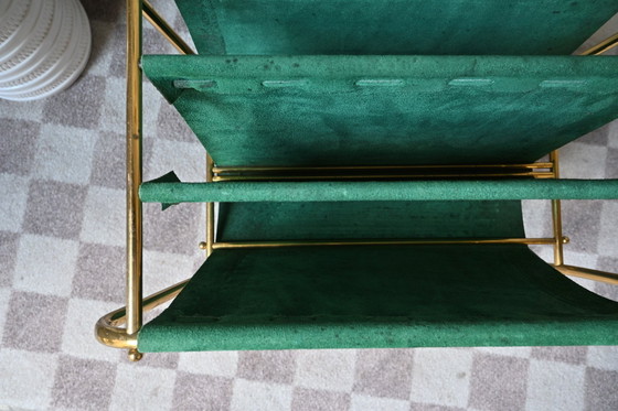 Image 1 of Brass Lectern on wheels, green suede upholstery