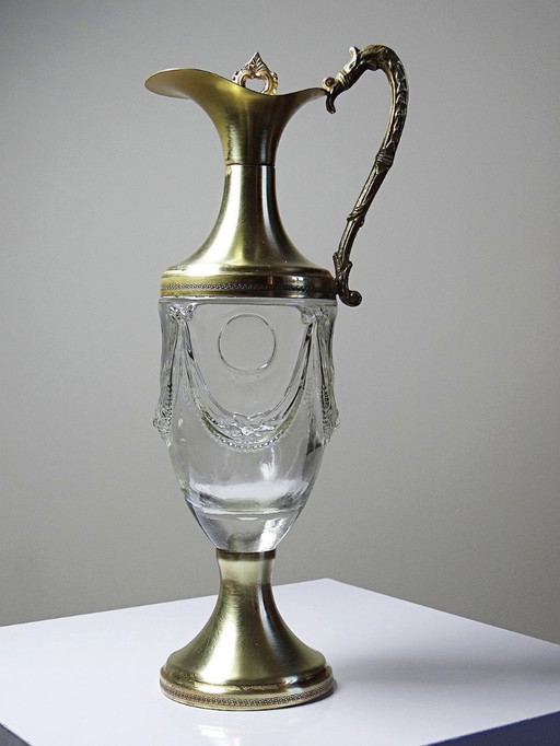 Vintage decorative ewer in molded glass and gilt brass, Italy circa 1980