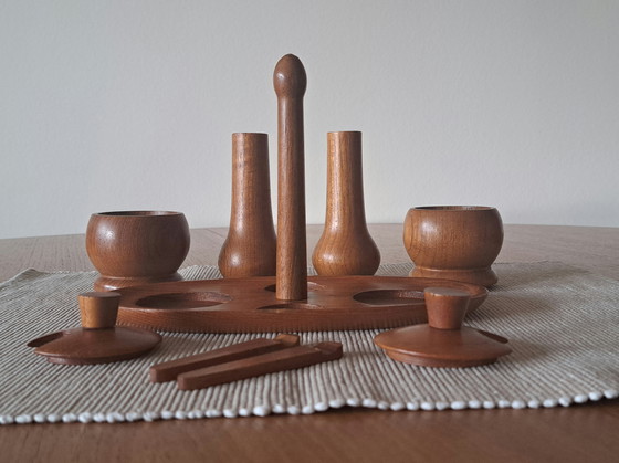 Image 1 of Mid-Century Teak Spice & Sugar Set – 6 Pieces – Vintage