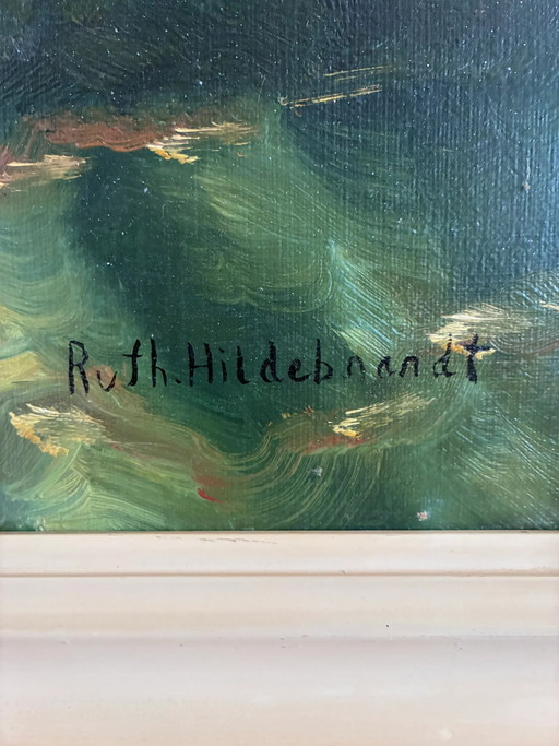 Peinture à l'huile florale originale vintage représentant des fleurs sauvages dans un vase bleu