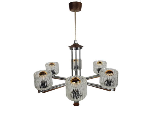 Vintage Kamenicky Senov - chandelier - teak - metal - chrome - crystal - W-Germany - 60's