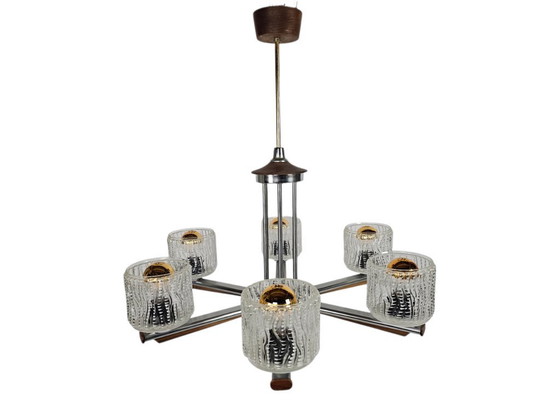 Image 1 of Lustre vintage Kamenicky Senov - teck - métal - chrome - cristal - Allemagne de l'Ouest - années 60