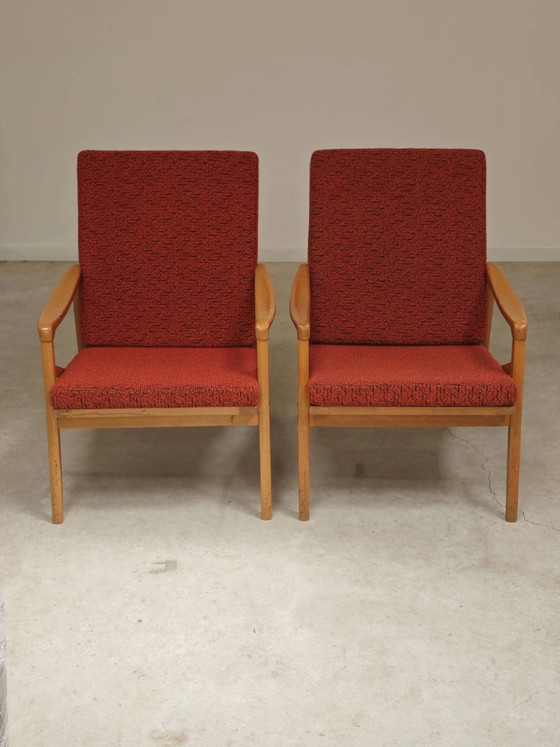 Pair of Jiri Jiroutek red armchairs by Intérier Praha – Wood, Mid Century Modern (photo 9 of 13)