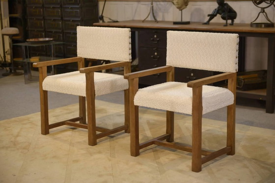 Pair of brutalist armchairs in oak and cream boucle 1950s, White (photo 14 of 14)