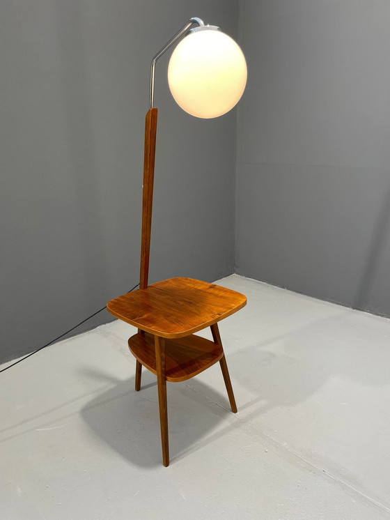 Image 1 of Art Deco Floor Lamp with Milk Glass and Side Table, 1950s – Czechoslovakia