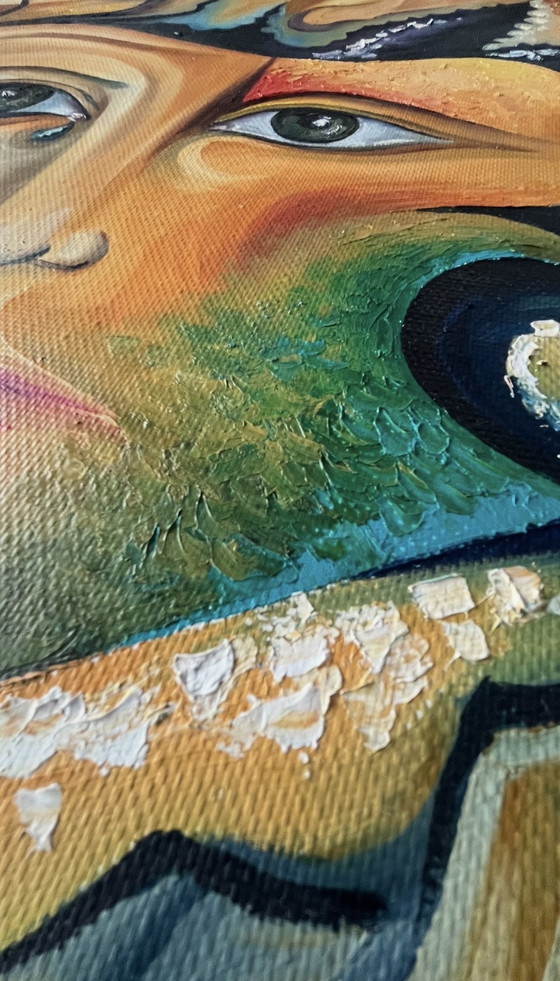 Image 1 of Expressief surrealistisch portret — Origineel schilderij, stijl uit het midden van de 20e eeuw