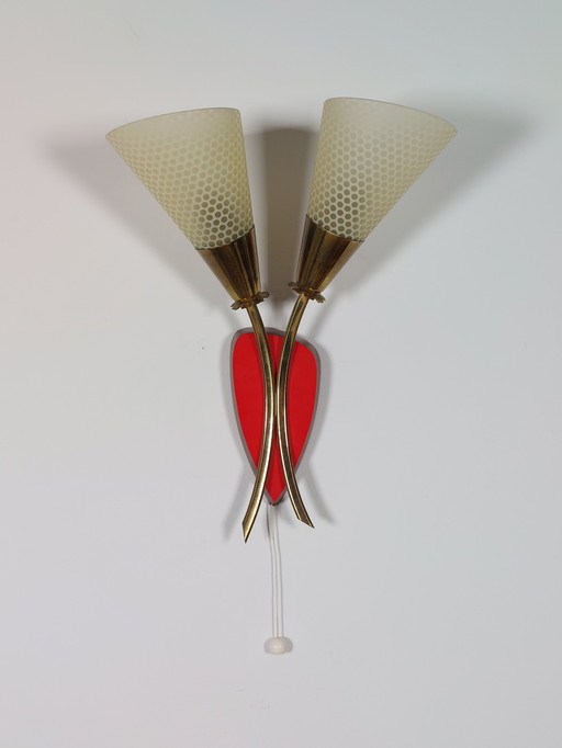 Lámpara de pared vintage de mediados de siglo, lámpara de bolso, vidrio, latón, decoración floral