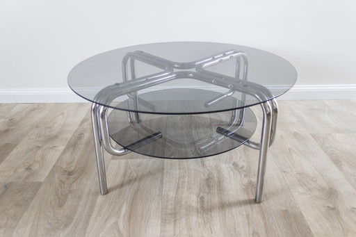 Table basse Space Age en verre fumé et chrome - années 1970