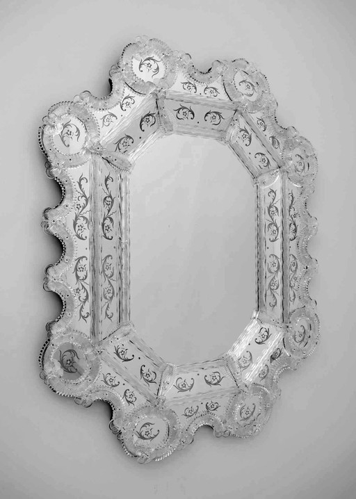 20th Century Venetian Murano Glass Flowers Octagonal Mirror