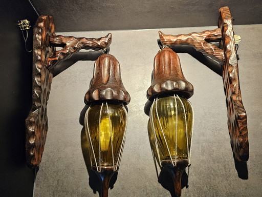 Appliques murales espagnoles vintage en bois, avec verre ambré