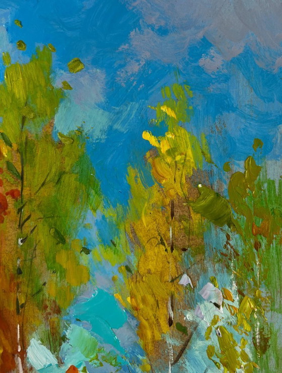 Image 1 of Original Oil Painting Autumn Village Landscape In The Silence Of The Birch Grove