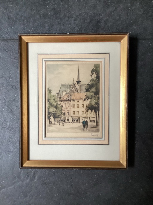 Vintage etching Grand Sablon Brussels by Edgard Schellinck (Linck 1925-1999) in authentic gold frame.