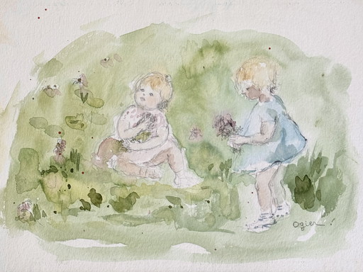 Marie Louise Ogier - Magnifique aquarelle «  deux enfants cueillant des fleurs «  vers 1980