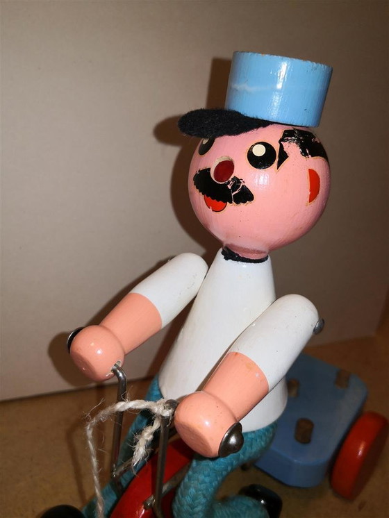 Image 1 of Rare Jouet Ancien Vilac En Bois Rétro Vintage Livreur De Lait Sur Tricycle / 60's