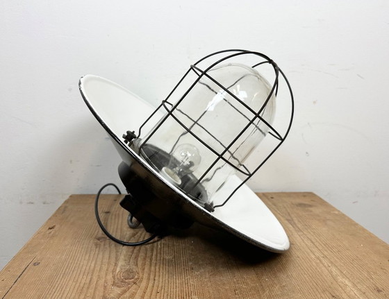 Image 1 of Industrial Grey Enamel Factory Hanging Cage Lamp, 1960s