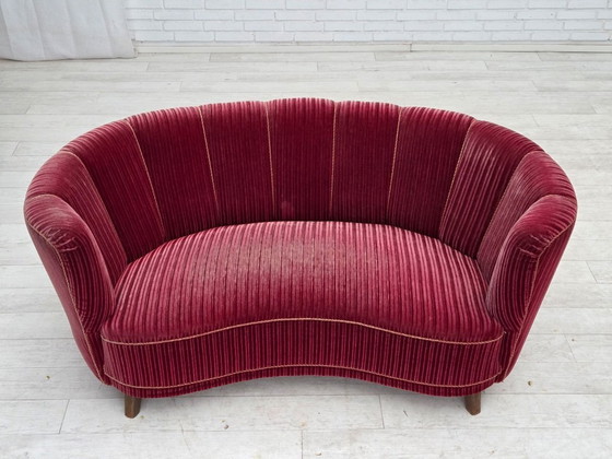 Image 1 of 1960s, Danish 2-seater "Banana" sofa, red furniture velour, oak wood.