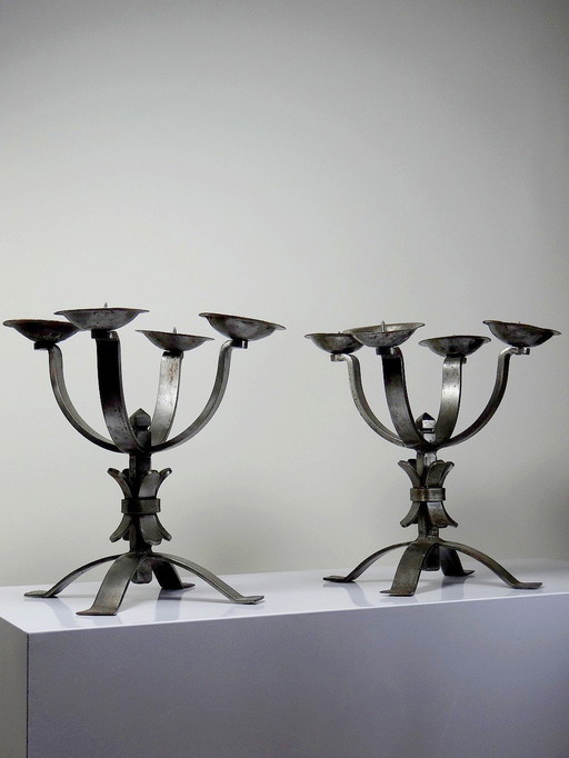 Pair Of Massive Brutalist Wrought Iron 4-Light Vintage Candlesticks