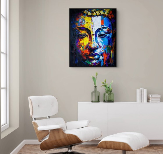 Image 1 of Uniek handgeschilderd Boeddha schilderij “Golden Balance” – Seksak Jaichumchen – 80×100 cm